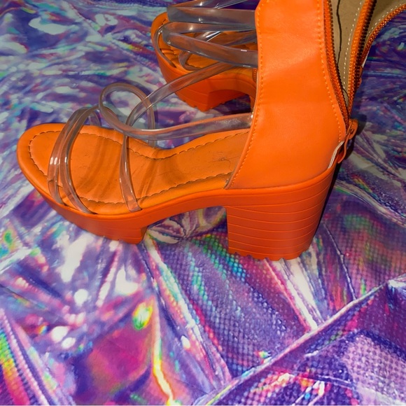Funky Orange Ankle Strap Sandals For Women, Platform Chunky Heeled Sandals - Picture 3 of 3